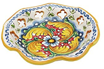 Ciotola grande in ceramica siciliana giallo rosso blu di santo stefano di camastra decorata a mano Fiore rosso Art 22