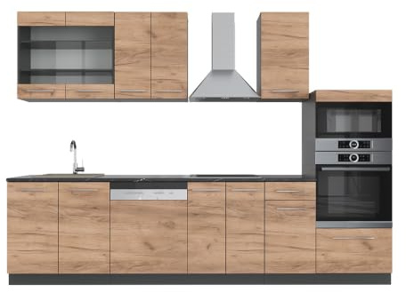 Vicco Küchenzeile Fame-Line, Goldkraft Eiche/Anthrazit, 300 cm | 8 Module · Höhenverstellbare Füße · Ohne Arbeitsplatte · Robuste Fronten · Softclose · Metallgriffe