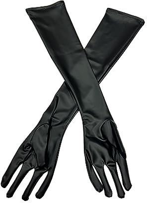 DRHOM Damen Fingerlose Lack Leder Handschuhe Metallic Kostüm Zubehör Arm Stulpen Punk Nieten Outfit Tanz Clubwear Party (Schwarz, S)