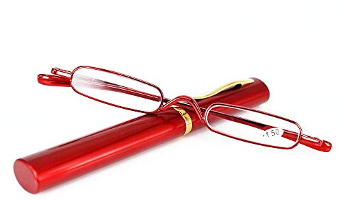 KoKoBin Mini-lunettes de lecture étroites en métal à charnière à ressort Aide à la lecture unisexe avec étui (Rouge, 3, diopters)