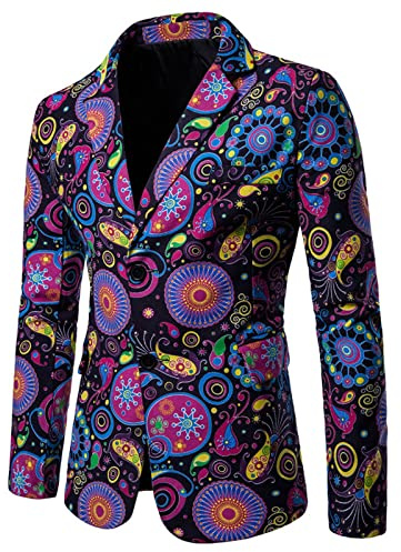 Blazer sportif pour homme - Multicolore - Boucle décontractée - Imprimé rétro - Veste de costume à simple boutonnage - Veste d'affaires - Veste étroite pour mariage et fête, lilas, L