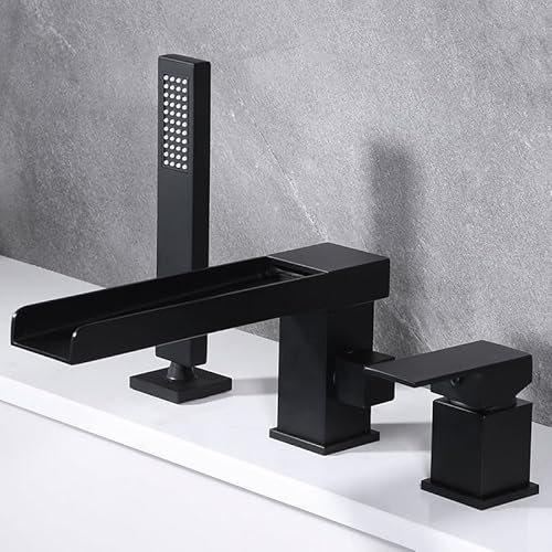 ZYCDP Mischbatterie Badewanne mit Brause 3 Loch Badewannenarmatur Wasserfall Einhandmischer Badewanne Wannenrandarmatur, Schwarz