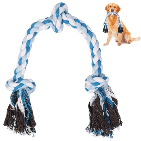 SZEETECH Durable Dog Rope Toy for Aggressive Chewers, 63cm 3 Knots Tough Chew Pull Toy for Large and Medium Dogs, Natural Cotton Pull Rope for Tug of War and Teeth Cleaning (Blue)
