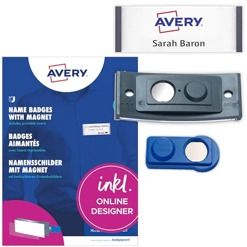 AVERY Zweckform polar30 Namensschilder 10 Stück (70x30mm, 10 Schilder mit Magnet, verdrehsicher, mit blanko Einsteckschildern zum Bedrucken, magnetische Namensschilder für Kleidung) anthrazit
