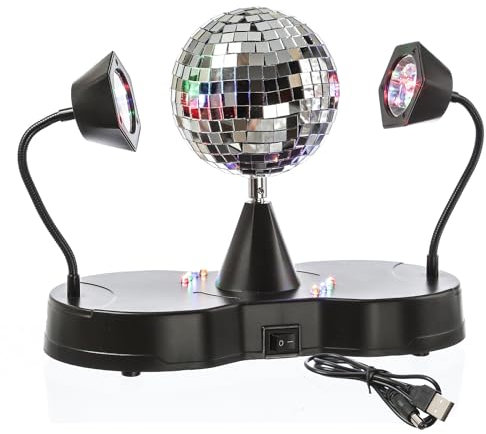 Spiegelkugel FLOWERPOWER Discokugel mit 2 LED Schwanenhals Spots und Motor Disco Party Effekt USB/Batteriebetrieb