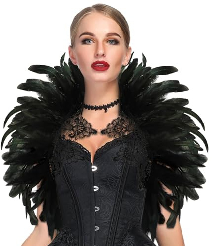 Aurasky Fjäderkrage, svart spets, gotisk kostym, fjädercape, fjäderhalsduk, fjäderkappa, damer, fjäder, armhålor, rakekostym för halloween, karneval, cosplay maskerad