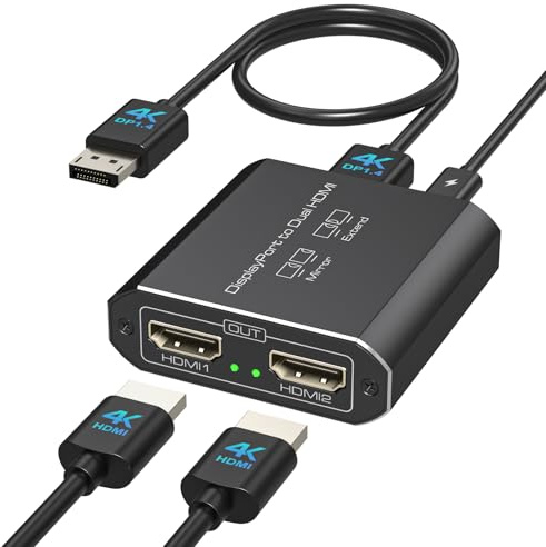 JCYMELE 4K@60Hz Displayport to Dual HDMI Adapter Display Port to 2 HDMI Splitter Extended for Double Screen DP 1.4 for Computer Graphics Cards Support MST & SST Mode