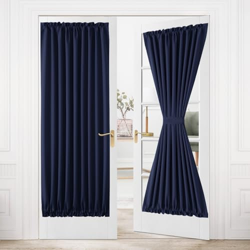 DWCN French Door Curtains – Rod Pocket Blackout Curtain for Glass Windows, Kitchen and Patio Doors for Privacy, 54 X 80 Inches Long, 1 Curtain Panel with Tieback, Navy Blue