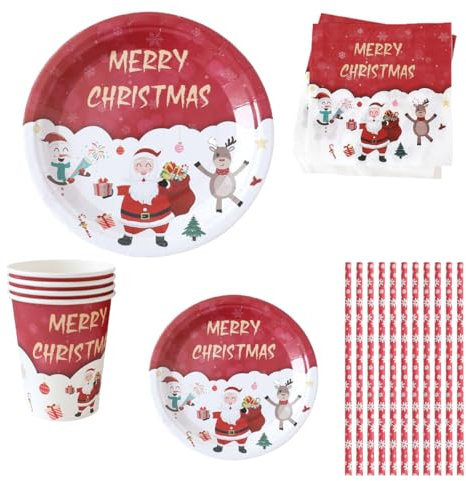 LGWJHCY Noël Vaisselle Fête Kit Fournitures, Décoration d'Noël Fête sur Le Thème, Décorations pour les Fêtes Noël, Assiettes, Gobelets et Serviettes Table-Style Rouge