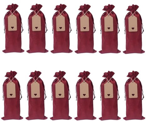 HO2NLE 12 Stück Jute Geschenktüten Wein Geschenkbeutel Weinrot flaschentüten Weinbeutel wiederverwendbare mit Tags Kordelzug für Weihnachten, Hochzeit, Reisen