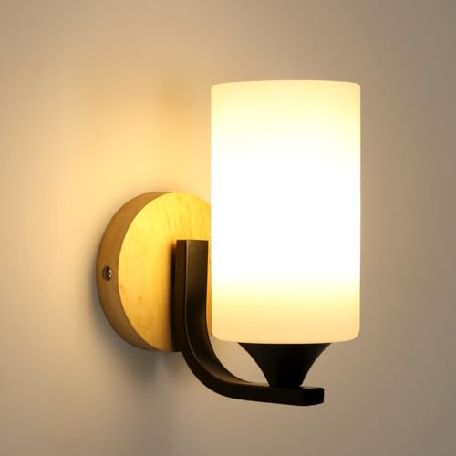 Toolight Wandleuchte Innen E27, E27 Holz Wandlampe Innen mit Glas Lampenschirm, Kreativität Schwarz Metall Nachttisch-Leselicht Wandleuchte für Schlafzimmer Wohnzimmer Flur Treppen (Ohne Glühbirne)
