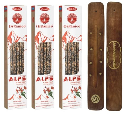 AROMASENSES | 3 Schachteln Ullas Alps Räucherstäbchen Alpentulpe + 1 Aromasenses Räucherstäbchenhalter | Natürlich und Ökologisch | Aromatherapie mit Alpenkräutern