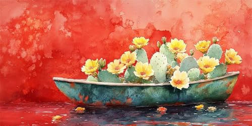 Malen Nach Zahlen Erwachsene Kaktus Malen Nach Zahlen Blume Malen Nach Zahlen ab 7 8 9 Jahre Mädchen Geschenk,DIY Handgemalt Ölgemälde Kit für Anfänger mit 3 Pinseln und Acrylfarbe,50x100cm mit Rahmen
