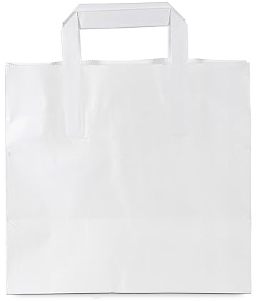 Commerline 50 Stück Weiß Papiertüten mit Henkel, 26+17x25 cm, Geschenktüten für Verpackungen und Geburtstag, Papiertaschen Groß für Einkaufen, Tüten aus Kraftpapier