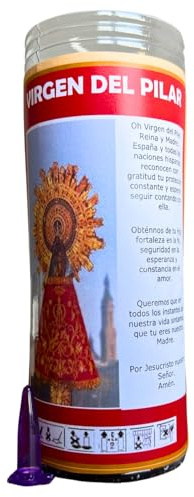 Velón de la Virgen del Pilar para Atraer Fortaleza, Fe, Seguridad y Esperanza | Vela de Petición con Aceite Litúrgico y Oración de 3 Días de Duración Aproximada.