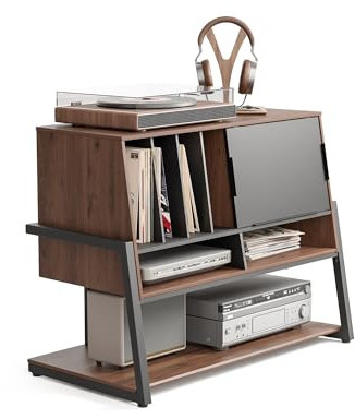 FITUEYES Design Mueble Tocadiscos Madera, Gran Nueble Hifi con Puertas Escamoteables, Capacidad 120 Discos, Carga Máx. 50 kg, Serie Eiffel