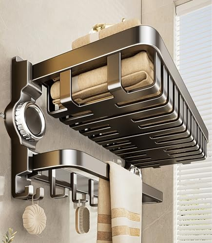 HDWH Porta Asciugamani da Bagno, Pieghevole con Ventosa, Antiruggine con Ganci per Asciugamani, Bianco (Gray, 60cm)