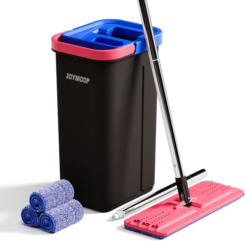 JOYMOOP Wischmopp und Eimer Set für Zuhause, Freisprech-Selbstreinigungssystem, mit 3 wiederverwendbaren Mikrofaser-Wischpads, geeignet für Bodenreinigung und Wandreiniger - Schwarz+Rot+Schieferblau