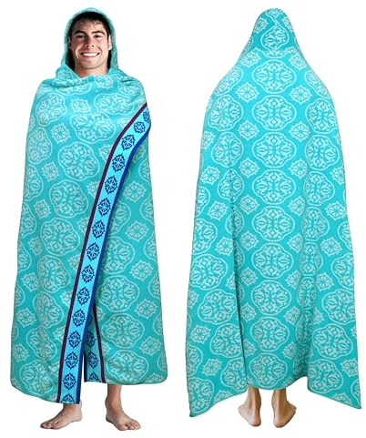 COTTON CRAFT Hooded Beach Towel – Oversized 58 x 68 Big & Huge Towel with Hood for Adults - 100% Cotton Jacquard Velour Swim Bath Wrap - Soft Absorbent Quick Dry – 450 GSM – Summer Trellis Pool Blue