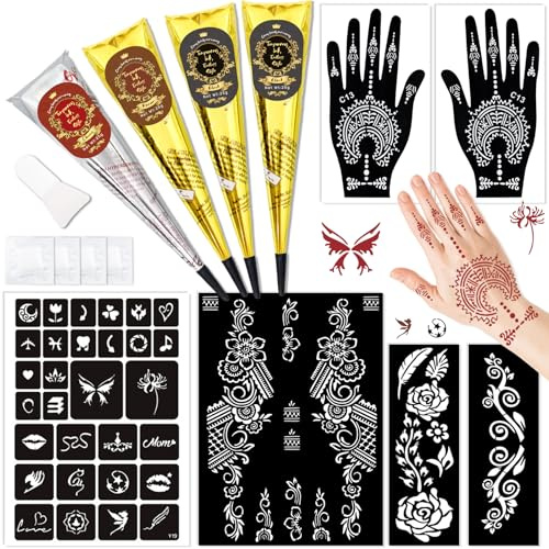 InkForge Temporary Stencils Tattoos Kit, 4 Pcs Tattoo Cones 3 Color (2 Black 1 Maroon 1 Cherry Red) with Gloves Brush Tool,DIY Body Art Skin Painting Designs for Women Men Kids Party Gifts
