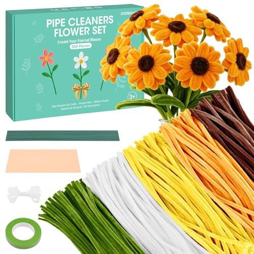 500 Piezas Limpiapipas Manualidades, Limpiador de Pipas para Manualidades,Set de Limpiapipas Flores Tulipán,Flores Decoración Kit Limpia Pipas con Cinta adhesiva, Estambres (amarillo)