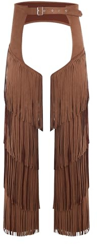 Manyakai Mens Cowboy Chaps Pants Adjustable Buckles Vintage Suede Fringe Buttless Trouser Dark Brown M