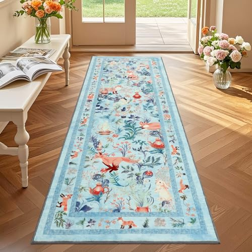 GEANUP Teppich Läufer Flur 60x180 cm, Blau Küchenläufer Waschbar rutschfest, Weicher Schlafzimmer Teppich Läufer, Märchenstil Fuchs Flurteppich für Korridor Waschküche Wohnzimmer Kinderzimmer