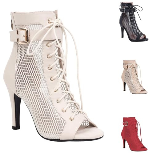 Botas de Baile Latino Mujer Zapatos Tacón Alto Botines de Baile Botas Heels Dance Shoes Punta Peep-Toe Gladiador Romanas Zapato con Cordones Cómoda Flexible Tobillo Transpirable de Malla Bailes