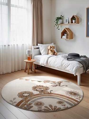 Villeroy & Boch Boho Kids - Kinderteppich Rund - Roar Like a Lion - weicher Kurzflor für Kinderzimmer Mädchen & Junge, Tiermotiv, Spielteppich, Krabbelteppich, Babyzimmer - Creme Multifarben, Ø160 cm