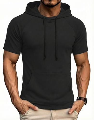 COOFANDY Sweat à Capuche Homme Manches Courtes - Sweatshirt Léger avec Poche Kangourou - Style Urbain & Sport pour Musculation, Gym, Fitness et Détente Été Noir XL