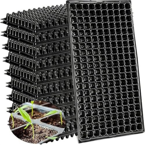 UTTASU Paquete de 10 bandejas de plástico de 200 celdas con agujeros de drenaje para inicio de semillas, propagación y esquejes, diseño compacto de 21 x 10.8 pulgadas para invernadero, estante o