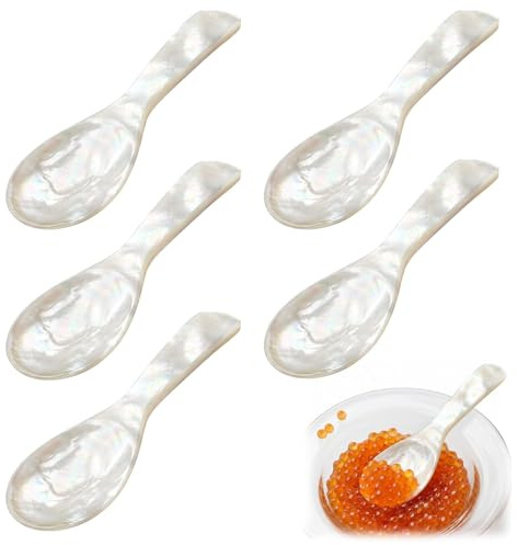 Cucchiaio per uova in madreperla, 5 pezzi da 7 cm, in madreperla naturale, fatto a mano, in porcellana, design classico per caviale, gelato, uova, caffè, torte (bianco)