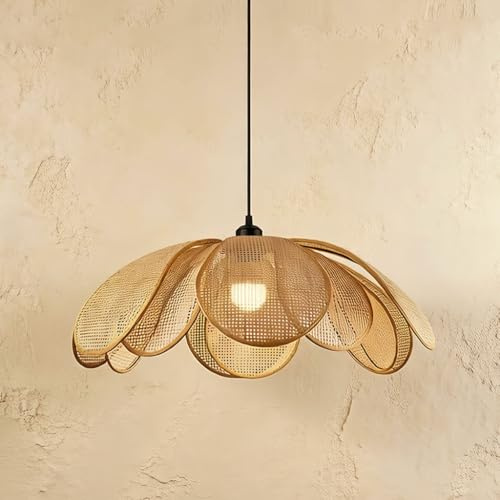 JIAODIE Rattan Hängelampe Natur Boho Vintage Deckenlampe 120cm Höhenverstellbar Handgeflochtene Blütenform Pendelleuchte E27 Fassung Für Kücheninsel Esszimmer Schlafzimmer & Wohnzimmer(60cm)