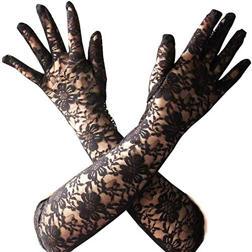 krautwear® Damen Handschuhe Spitze Ellenbogen Lang Abendhandschuhe Gerafft Braut Kurz Satin Schleife
