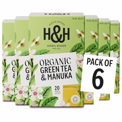 Heath & Heather - Organic Green Tea with Manuka Honey • Delicate Antioxidant-Rich Blend with a Touch of Sweetness • Natural Wellness Support • Vegan • Multipack 6 x 20 Boxes (120 Tea Bags) | Organic Green Tea with Manuka Honey • Antioxidant Green Tea • 6 x 20 Boxes (120 Tea Bags)