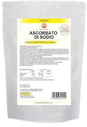 Bio Line Ascorbato di Sodio - Vitamina C Polvere Pura 500 g (20 Bustine da 25 g) Integratore Difese Immunitarie con Elevata Concentrazione di Antiossidanti, Integratori Alimentari Made in Italy