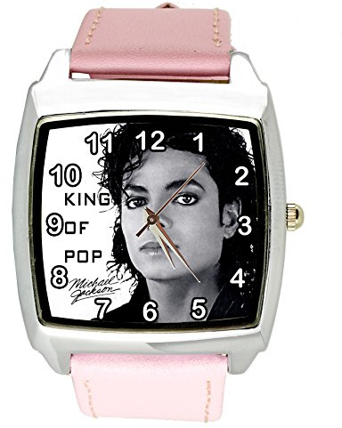 taport® Michael Jackson cuarzo cuadrado Dial de reloj rosa de piel banda E2 + libre batería de repuesto + libre bolsa de regalo