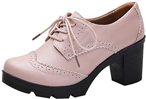 Jamron Femmes Talon Bloc Brogues à Lacets Chaussures de Derby Escarpin Chaussures Habillées Rose SN02955 EU38
