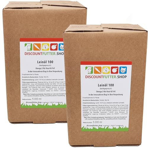 Discountfutter.shop Leinöl 100 für Pferde (2 x 5 Liter) mit integriertem Auslaufhahn – kaltgepresst & 100% Leinsaat - Omega-3 & Vitamin E – Für Fellglanz, Verdauung & Immunsystem - Nachhaltig verpackt