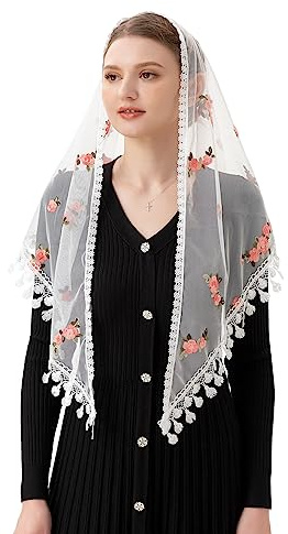 PAMOR Triangle Little Flower Chapel Veils Embroidered Scarf Shawl Latin Mass Head Covering Mantilla Veil for Church (White)