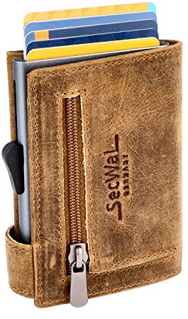 SecWal Kartenetui mit Münzfach Reißverschluss - Made in Germany - Echtleder Geldbörse inkl. E-Book für Damen und Herren - RFID Schutz Portemonnaie Leder - Geldbeutel klein (Hunter Braun)