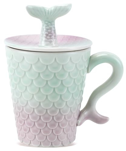DECHM Mermaid Porcelain Ceramic Coffee Mug with Lid Handle,Kids Mugs for Girls Women,Milk Tea Cup,Gift for Wife Sister Daughter,14oz