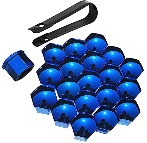 Bseical 20 Pièces Cache Ecrou ABS Processus de Galvanoplastie, Cache Boulon Universels 17mm/19mm/21mm de Roue Capuchons Protection Hexagonal Bouchon Écrou de Pneu avec Outil Demontage (Bleu, 17mm)