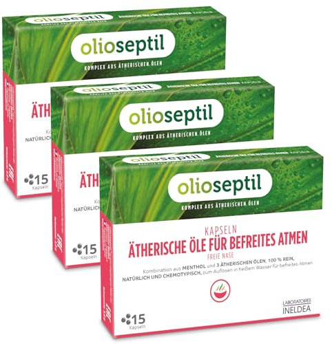 OLIOSEPTIL – Kapseln mit ätherischen Ölen für befreites Atmen – Zum Inhalieren – Kombination aus Menthol und 100% naturreinen, chemotypisierten ätherischen Ölen – Ohne Alkohol – 3 x 15 Kapseln