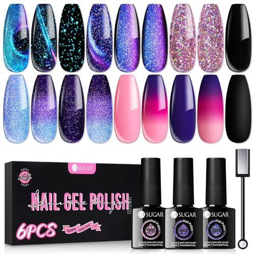 UR SUGAR UV Nagellack Magnetisch Thermo, Gel Nagellack Glitzer Farbgel Chamäleon Schwarz Gelnägel Farben 9D Magnetische Cat Eye Gel Set 6 Flaschen in 1 Maniküre Geschenkset