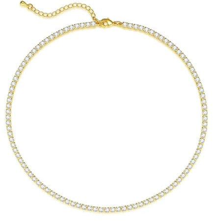 Luxval Tennis Necklace 14K Gold Plated Choker Necklaces for women Dainty Zirconia Cut Faux Diamond chain 3mm Width 14Inches