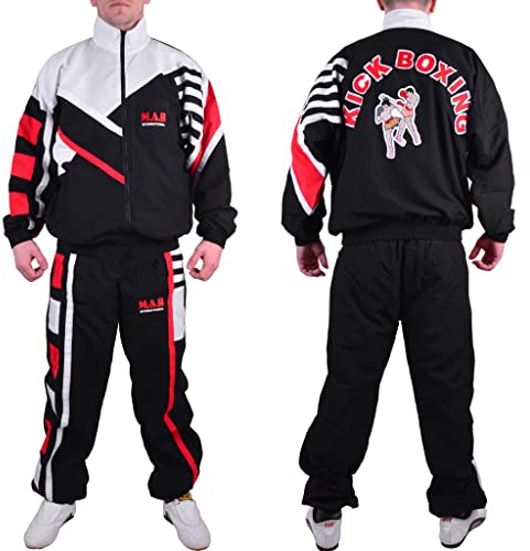 MAR INTERNATIONAL | Martial Arts Karate Tracksuit Mens Full Set, Retro Vintage Deluxe Full Tracksuit Zip Pockets - Black, White & Red (M)