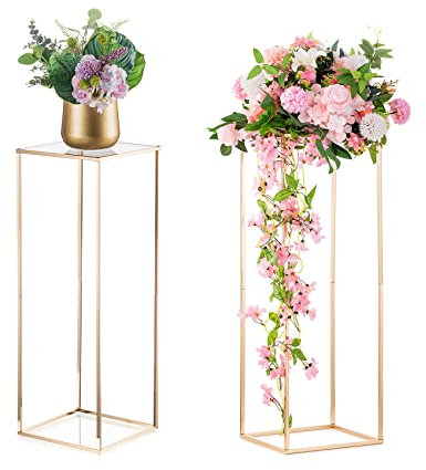 Inweder Gold Blumenständer Hochzeit Herzstücke - 2 Stück MetallSäule Vasen Hoher Boden Vase 80cm Rechteckige Vasen für Mittelstücke Geometrische Blumenregale für Tisch Mittelstücke Wohnkultur