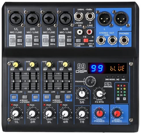 Dj Mixers 8 Channel Audio Mixer Sound Board with Bluetooth, Usb Audio Interface with Sound Card Recording and 48V Phantom Power Sounds Mixer Board with 99 DSP FX Reverb Delay Effect for Streaming