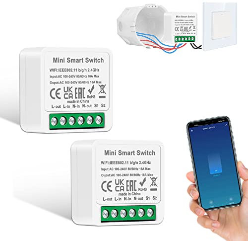 2 Pack CNBINGO WiFi Smart Light Switch, Mini DIY Breaker Module, Compatible with Alexa Echo, Google Assistant, Fits Behind Rocker Wall Switches, Support 1 Way or 2 Way，Need Neutral Wire